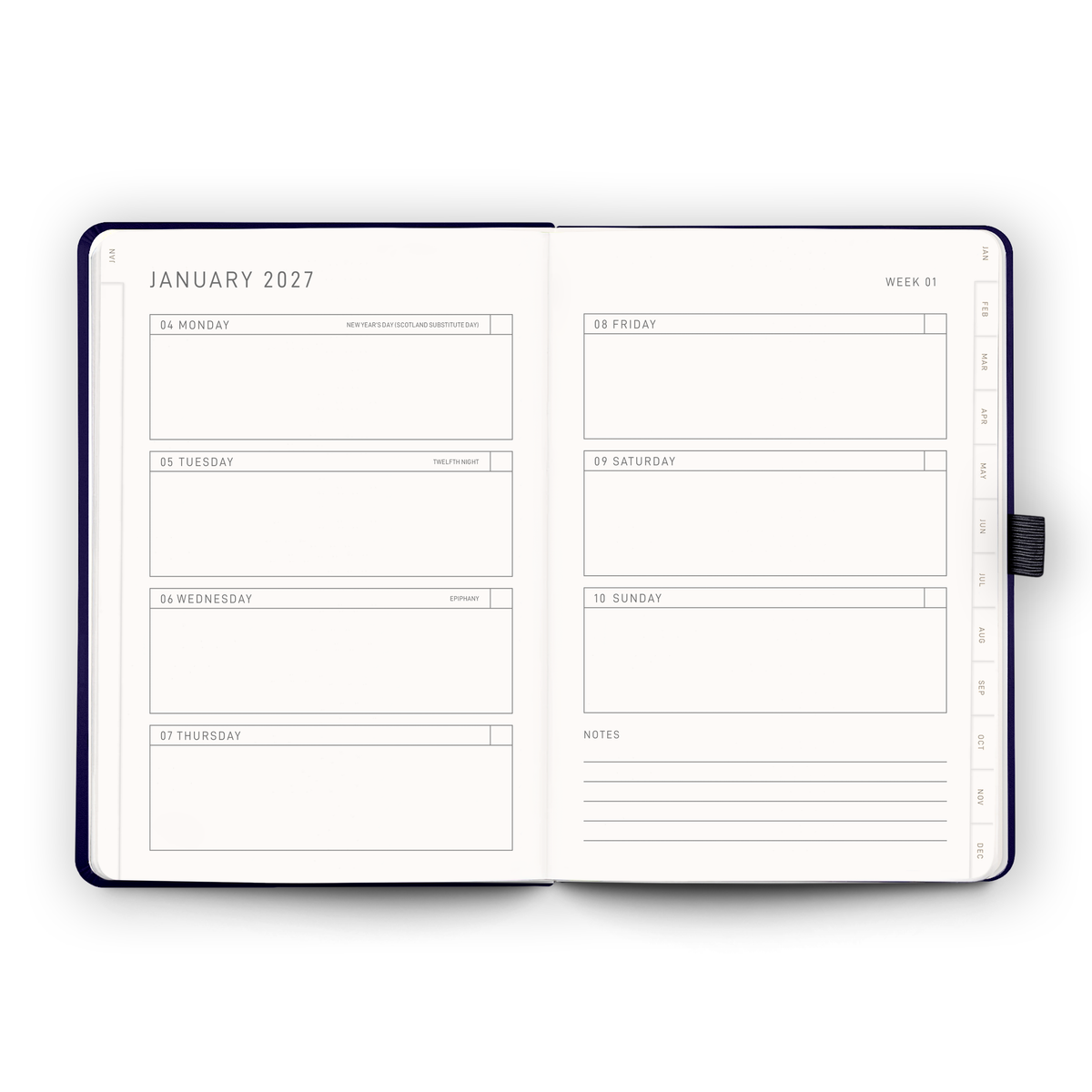 Open weekly planner spread inside the 2027 Weekly Diary | Gold Bee