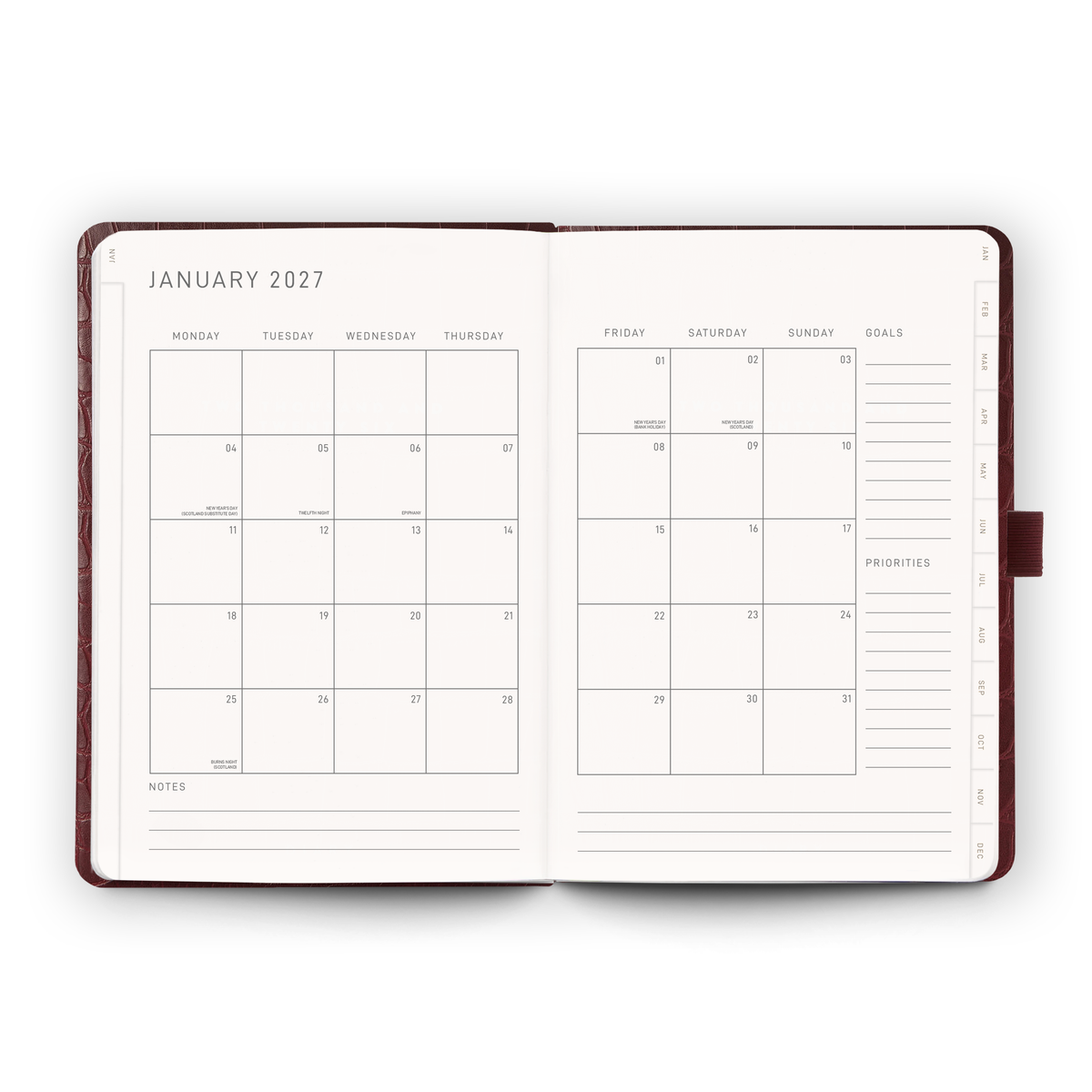 Open blank pages inside the 2027 Weekly Diary | Burgundy Croc